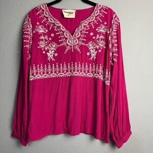 Savanna Jane Embroidered Blouse Pink White Long Sleeve Boho Top Medium M
